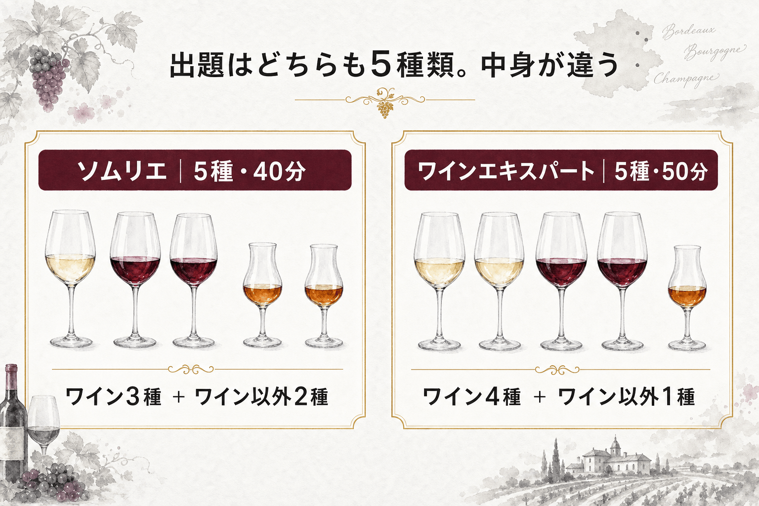 ソムリエとワインエキスパートの出題構成の違い